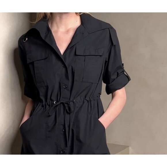 Banana Republic Womens Small Black Trench Back Shirt Dress Roll Tab Sleeve - Picture 3 of 16